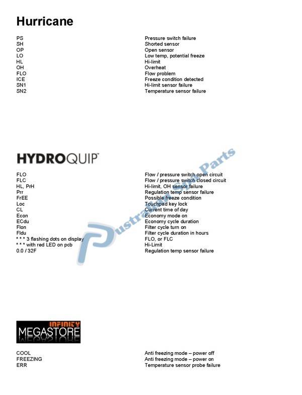 Hurricane, Hydroquip / Pentair, Infinity Megastore spa topside touchpad messages and error codes