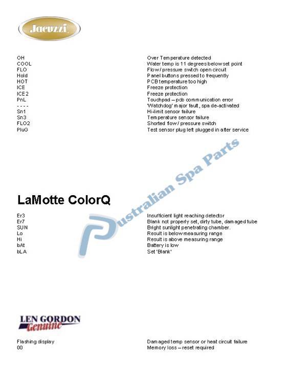 Jacuzzi, LaMotte, Len Gordon spa topside touchpad messages and error codes
