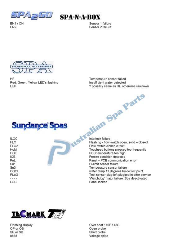 Spa2go, SPA Splash Pool Accessories, Sundance Spas, Tecmark, TDI spa topside touchpad messages and error codes