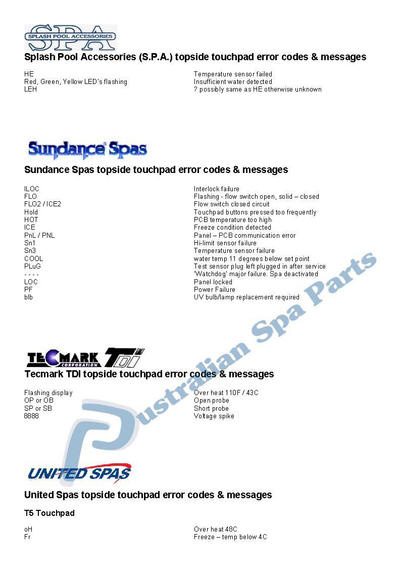 Spa & hot tub error messages error codes topside touchpad control
