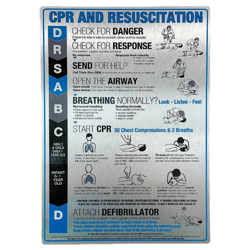CPR Sign for Spas & Swimming Pools - Large Premium Brushed Aluminium 420mm x 594mm